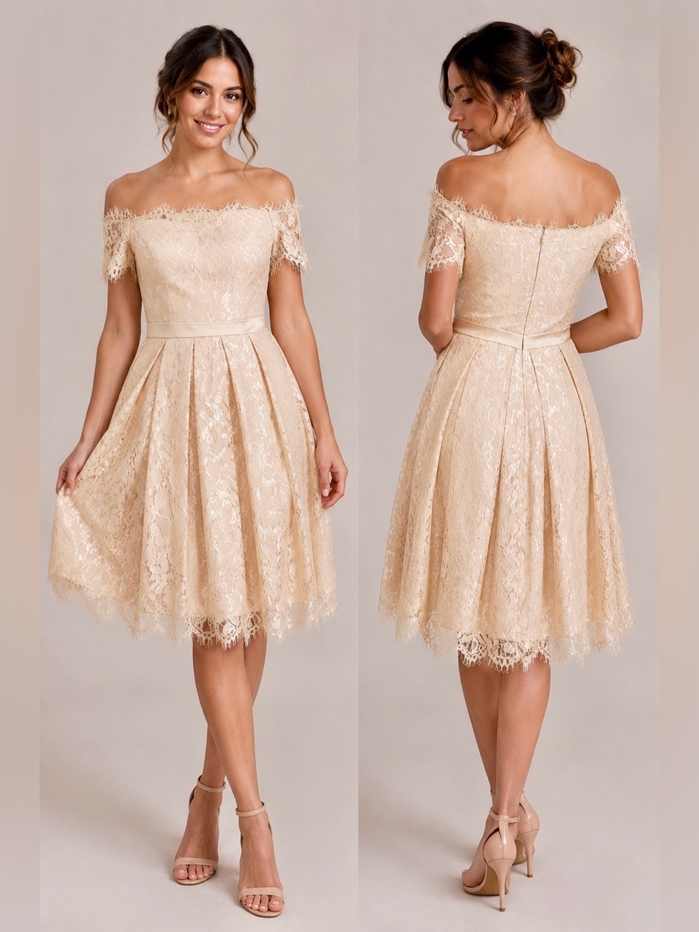 NWT JJ’s House A-Line Off-Shoulder Champagne Pleated Lace Midi Dress | 14